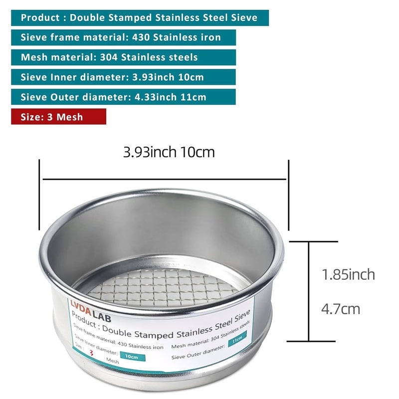 LVDALAB 304 Stainless Steel Mesh Lab Sieve, 3 Mesh(5mm) Aperture Test Sieve, 4inch(10cm) Economy Standard Analysis Sample Test Sieves for Industrial Laboratory Homes - Image 2